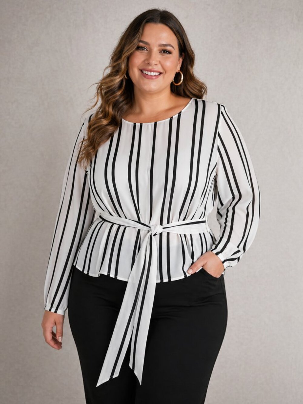 ELOQUII Plus Size 18 Striped Sheer Tie Front Waist Blouse Long Sleeve Top